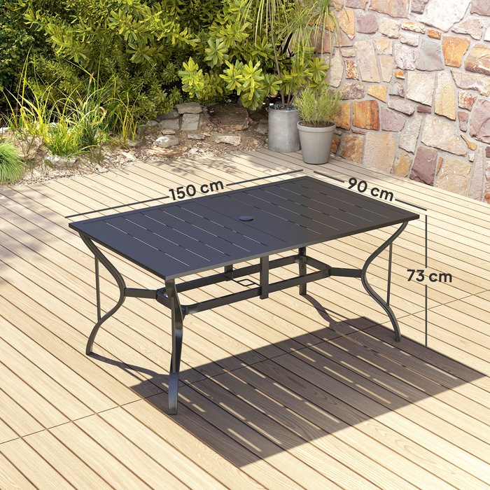 Outsunny Garden Table Сталь 150x90 см Атмосферостійкий балконний стіл з отвором для парасольки, Дизайн планок Фуршетний стіл Кемпінговий стіл на 6 персон Стіл для патіо Відкритий обідній стіл для саду, патіо Балкон чорний