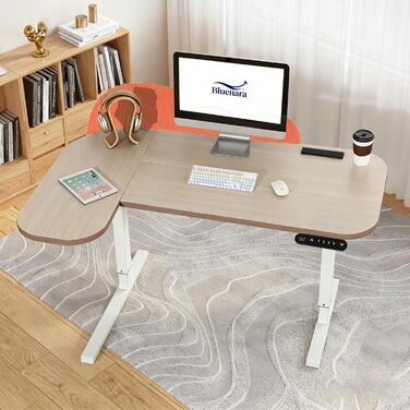 Електричний кутовий стіл з регулюванням висоти 150см, L-подібний, з 4-ма пам'ятями, з'єднувальною пластиною, для дому та офісу (150x68см, світло-коричневий-помаранчевий)