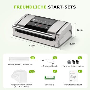 Вакууматор Bonsenkitchen VS5100 для Sous-Vide, 15 л/хв, з вбудованим різаком та кліпсою для пакетів, сріблястий