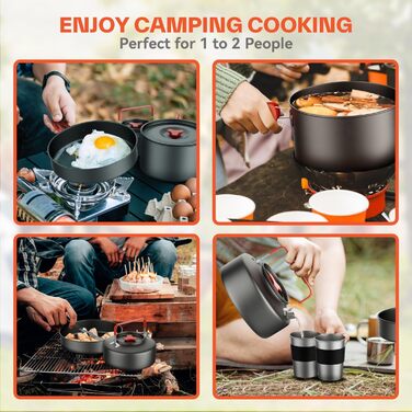 Набір посуду для кемпінгу на 2 особи: каструля, сковорода, чайник, тарілки, чашки, столові прибори (Löffel, Gabeln) для пікніків, походів та кемпінгу