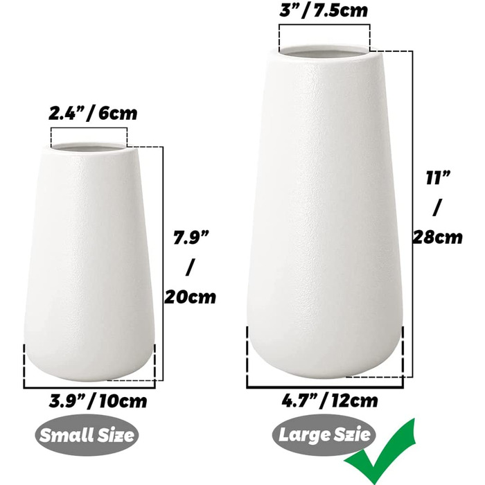 Ваза Біла вази для квітів Сучасні керамічні для прикраси столу в приміщенні, декоративні вази для пампасної трави (28 см заввишки, білий матовий)
