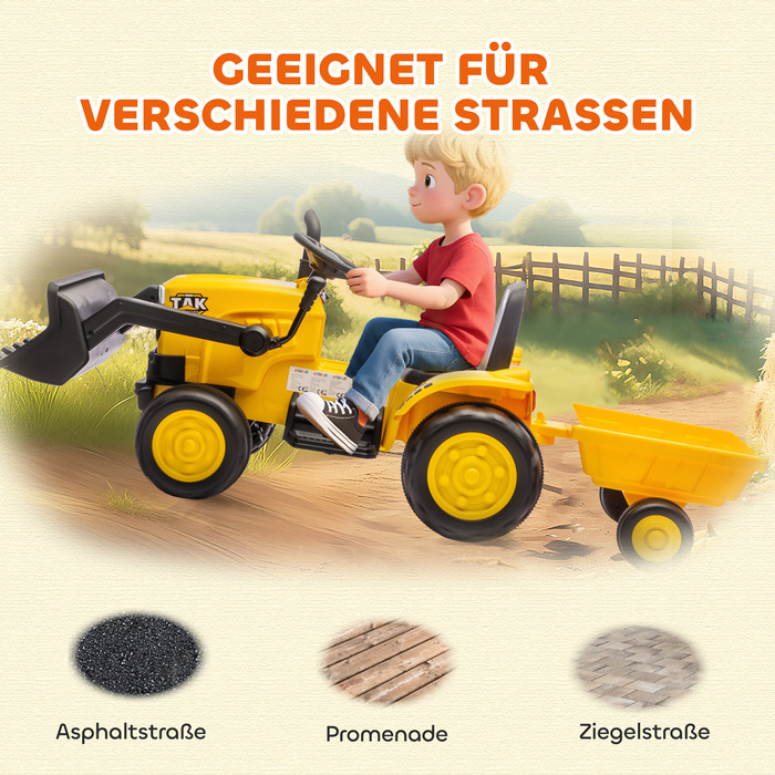 Електричний самохідний будівельний екскаватор, іграшковий екскаватор з причепом, для дітей 3-8 років, виготовлений з пластику та сталі, жовтого кольору.