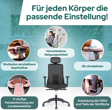 Офісний стілець SCHEKKA® Ергономічний - Індивідуально регульований, з підтримкою попереку, 3D підлокітники та дихаюча сітка - Макс. 150 кг (Без підголовника, Чорний/Червоний)