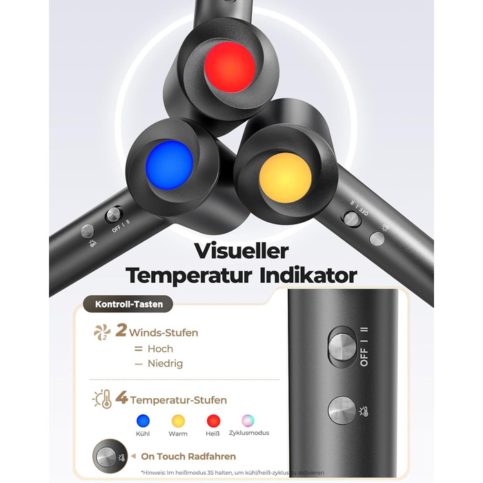 Іонний фен для волосся з дифузором, професійний стайлер 150 000 об/хв, 8 режимів температури з LED-дисплеєм, для кучерявого та густого волосся, чорний