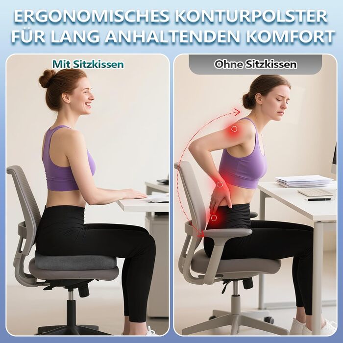 Ортопедична подушка для сидіння Ecosafeter з піною Memory Foam - покращує кровообіг та знімає напругу з куприка. Ергономічна подушка для офісного, комп'ютерного стільця та інвалідного візка (Сірий)