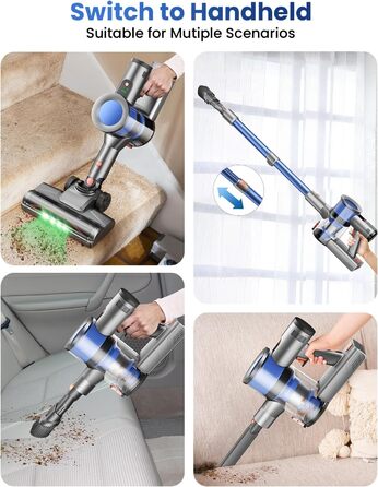 Бездротовий пилосос Dzaki 45000Pa з акумулятором, Smart-дисплеєм, функцією паркування та антизаплутанащістю для килимів, твердих поверхонь, шерсті тварин та авто (блакитно-сірий)