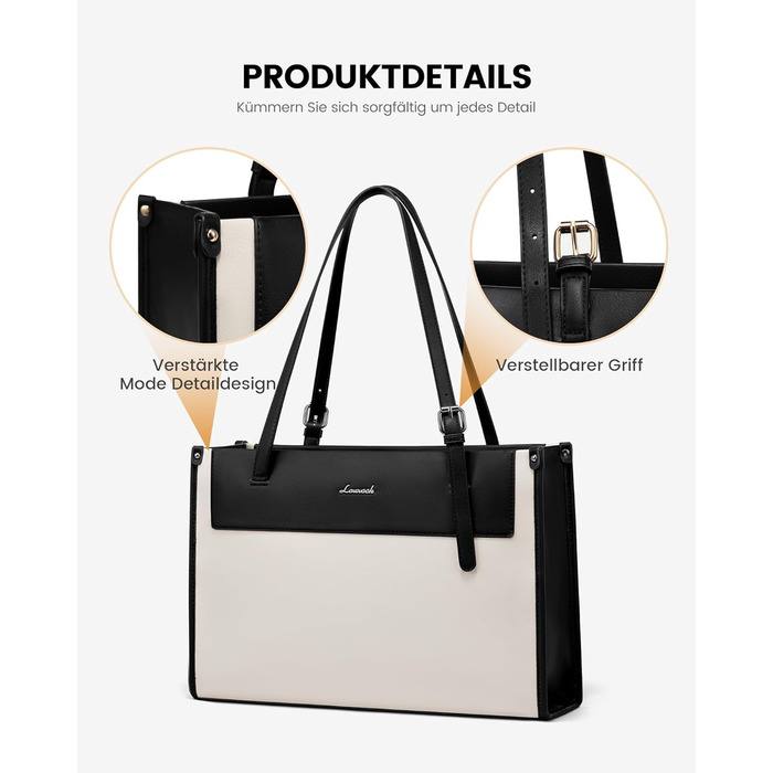 LOVEVOOK Сумка для ноутбука, жіноча велика водонепроникна сумка-шоппер з PU шкіри, для роботи, навчання, 15.6 дюймів (Чорний+бежевий)