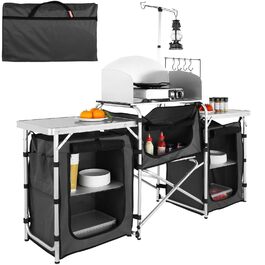 VEVOR Стіл для кемпінгу, розкладний туристичний стіл з місткою сумкою, алюмінієва кухонна станція з 3 шафками та знімним вітрозахистом, швидкий монтаж для пікніків та відпочинку на природі, чорний колір
