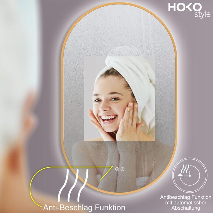 Дзеркало для ванної кімнати HOKO Design LED Turin овальне 45x75 см, рамка матовий чорний, LED підсвітка, сенсорне управління, зміна кольору світла (тепле/холодне/нейтральне), монтаж HOCH+QUER, антизапарник