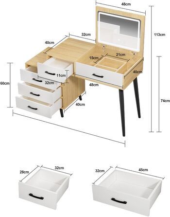 Трюмо ZenkiHome з дзеркалом та підсвіткою, ширина регулюється від 80 до 120 см, колір дуб