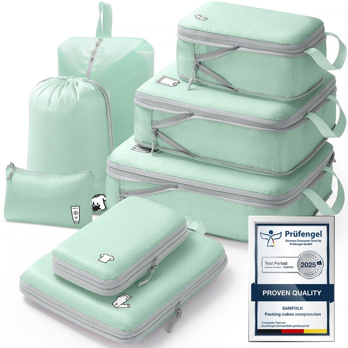 Набір органайзерів для подорожей у валізу з компресією, 8 водонепроникних пакувальних кубів для ручної поклажі та рюкзака, зелений колір