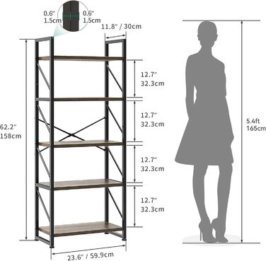 Книжкова шафа YITAHOME 5 ярусів, промислова стояча полиця, 60x30x158 см, сірий