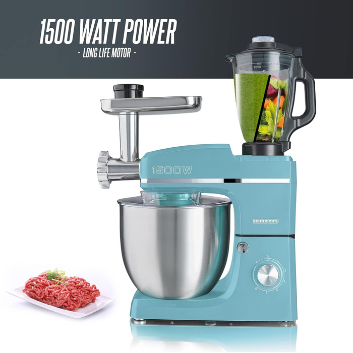 Кухонний комбайн HEINRICHS 3-в-1: міксер, м'ясорубка, кухонний прилад 1500W, 6 швидкостей, 1.5л чаша, 10л нержавіюча сталь (ТуркІз)