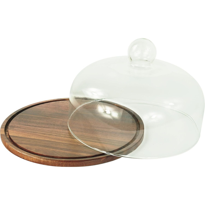 Таця Relaxdays з кришкою, скляна, для тортів та закусок, зберігає свіжість, 16x28 см, дерев'яна (акація)