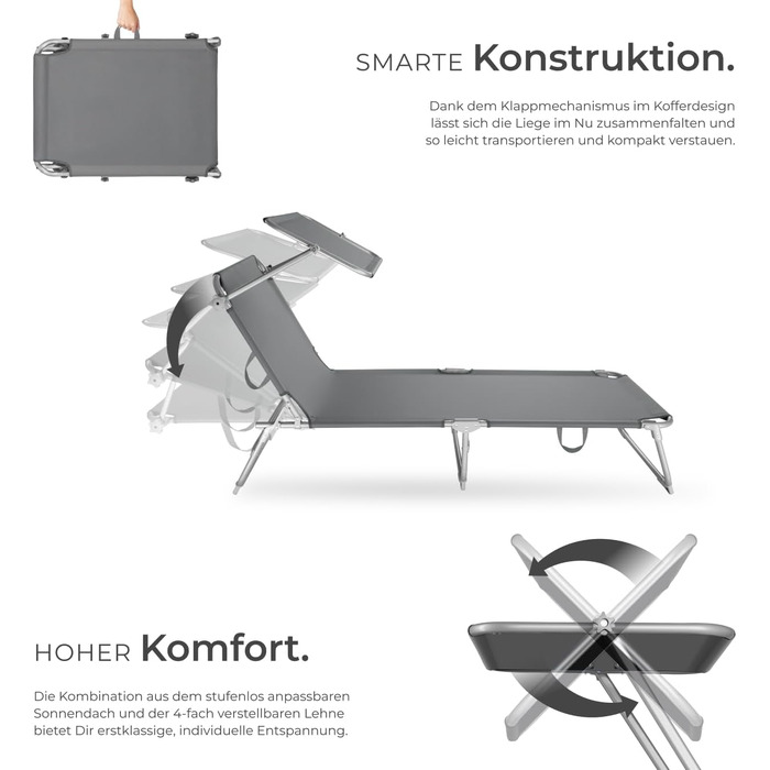 Шезлонг для саду Tectake з сонцезахистом, розкладний, для балкона/тераси, з регульованою спинкою, пляжний, до 110 кг - сірий