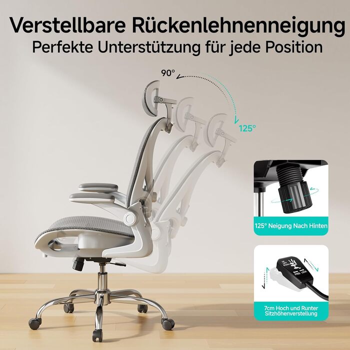 Офісне крісло LarkLeaves з ергономічною спинкою, регульованими підлокітниками, підставкою для попереку та підголівником. Максимальне навантаження 140 кг, сірий колір.