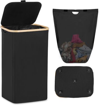 Водонепроникний тонкий кошик для білизни Vicyak з кришкою, висока вузька чорна корзина 100 л зі знімними кишенями, гумові бамбукові ручки для ніжок, кошик для білизни Контейнер для зберігання для спальні, ванної кімнати, пральні