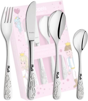 Дитячий набір столових приборів Kinderbesteck з гравіюванням імені/мотива принцеси, 4 шт. з нержавіючої сталі, гравіювання в стильних шрифтах