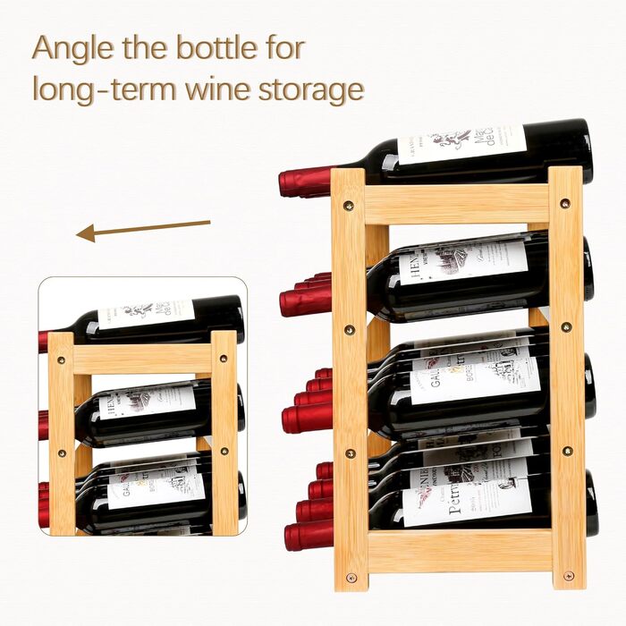 Стойка для вина VASMIA з бамбука, 3-ярусна, на 12 пляшок, для кухні та комори, білий колір