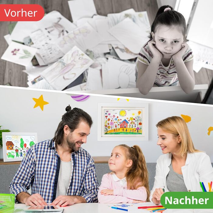 Рамки для дитячих малюнків KIYARI A4, 2 шт., білі, розкладні, з фронтальною відкриттям, для 150 малюнків, міцне дерево, безпечне скло, ідеально для творчих проєктів, дитячої кімнати та школи