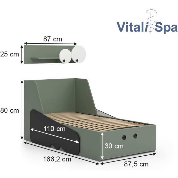 Ліжечко VitaliSpa Крокодил, зелене, 160 х 87,5 см з ящиком і матрацом 160 х 80 см з матрацом