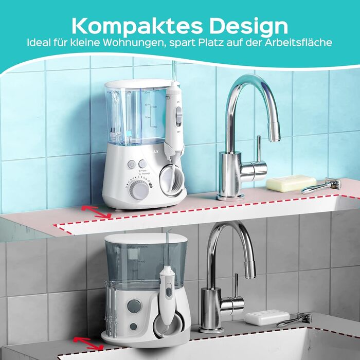 COSLUS Електрична іригатор для порожнини рота з 2 режимами та 12 рівнями тиску – 600 мл резервуар для води. Підходить для сімей, ентузіастів орального здоров'я та пацієнтів з ортодонтичними конструкціями. 5 насадок, чорно-білий колір.