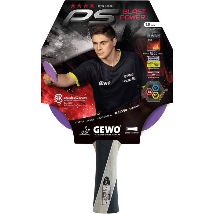Ракетка для настільного тенісу GEWO PS Blast Power-професійна ракетка для настільного тенісу, схвалена ITTF, універсальна ракетка з керованим покриттям Thunderball 2 і високими обертальними властивостями, увігнута, губчаста 1,8 мм