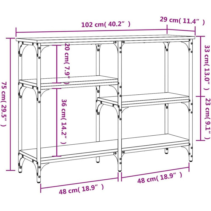 Консольний стіл з полицями, стіл для передпокою, меблі для вітальні, передпокійний стіл, матеріал на основі дерева та метал, 102x29x75 см, дуб сонома