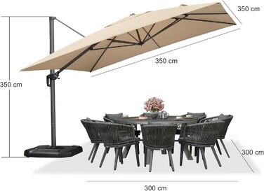 Парасолька від сонця PURPLE LEAF 350x350 см, велика садова парасолька-амбрела з рукою-користувачем, поворотом на 360° та хрестовиною, бежева, для тераси та балкона