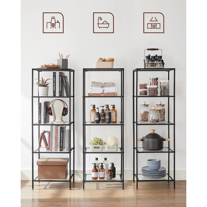 Регал VASAGLE з 5 полицями, для ванної кімнати, вітальні, кухні, офісу, скло + метал, LGT029A01