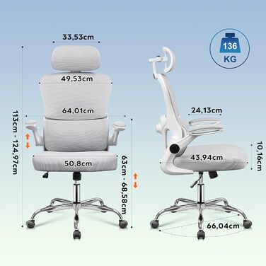 Офісне крісло Devaise Ergonomічне, з підтримкою попереку, 3D-підголівник, регульовані підлокітники, дихаюча сітка спинки, функція гойдання, для офісу та дому, до 150 кг, сірого кольору