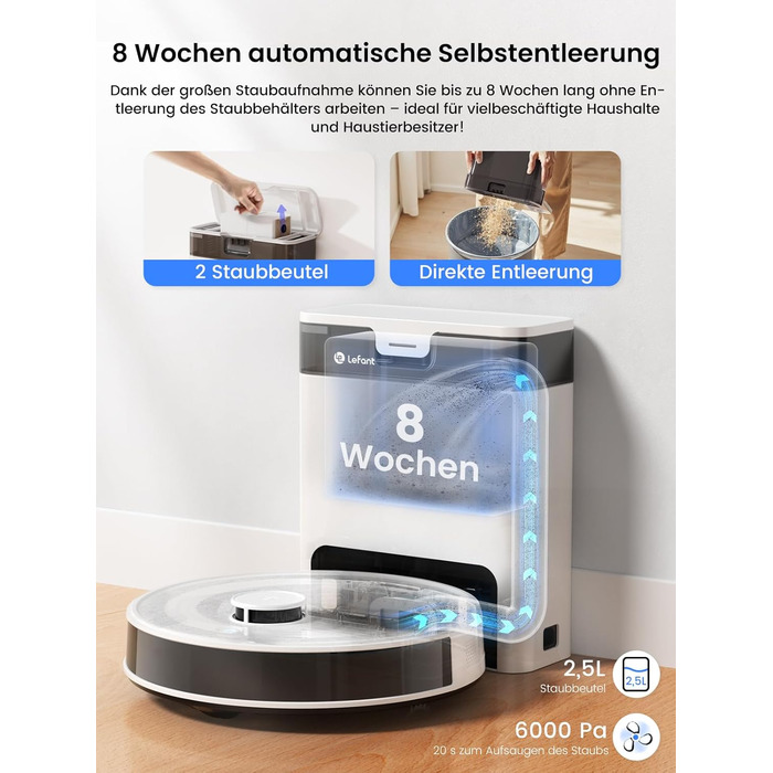 Робот-пилосос LEFANT M2S Pro з функцією миття, 5000Pa, лазерна навігація, LiDAR dToF, 150 хв, розпізнавання килимів, керування через додаток/голос, ідеальний для шерсті тварин, чорний