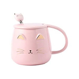 Домашня рожева чашка для кішок Angelice, мила чашка для кішок, керамічна кавова чашка з ложкою з нержавіючої сталі, для любителів кішок, жінок і дівчаток