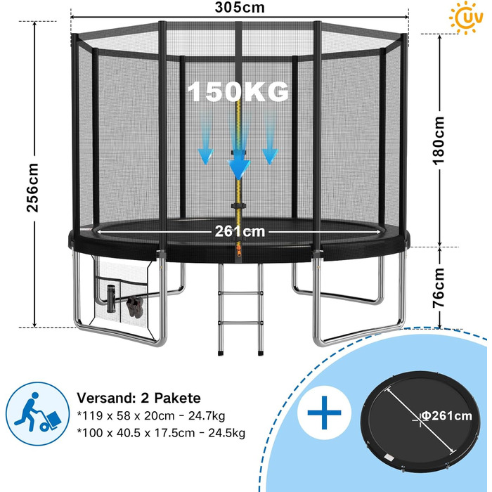 Батут Devoko вуличний Ø305 см з захисною сіткою, драбиною та м'яким покриттям - для дітей та дому, сертифікат GS