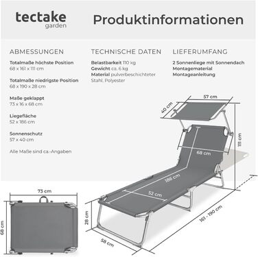 Шезлонг для саду Tectake 2 шт. з сонцезахистом, розкладний, для балкону/тераси, регульована спинка, до 110 кг, сірий