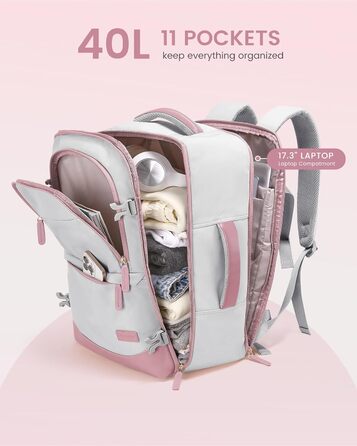Рюкзак для ручної поклажі LOVEVOOK 40L, сірий/рожевий, для ноутбука 17.3