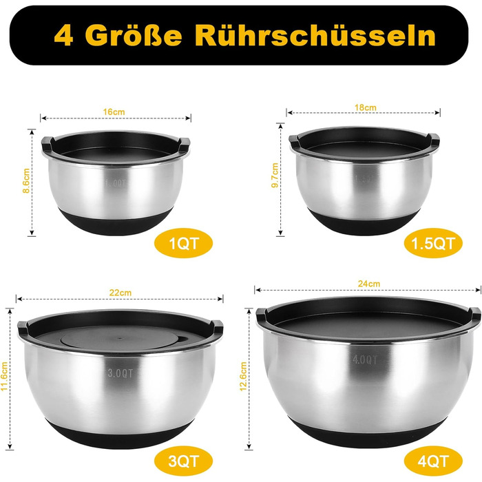 Набір мисок з нержавіючої сталі, 7 шт. з кришкою, тертки, для випічки та зберігання, складна конструкція, миюча в посудомийній машині (0,63/1/1,5/2/3/4/5 QT)