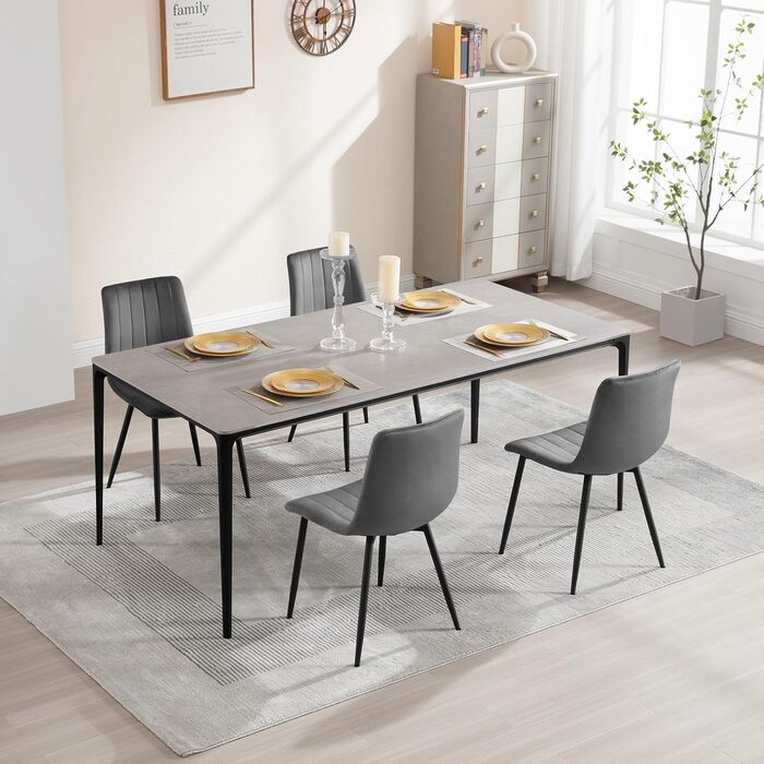 Набір обідніх стільців 6 шт. для кухні, вітальні, спальні. М'які стільці з металевими ніжками, оксамитова сидіння, темно-сірий колір.