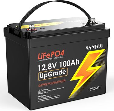 Акумулятор SANFOU 12V 100Ah LiFePO4, літієва батарея 1280 Втгод зі 100 А BMS, автомобільні акумулятори 5000-15000 разів, підтримка 4S4P, ідеально підходить як джерело живлення для кемпінгу на автофургонах (12V100Ah UpGrade)