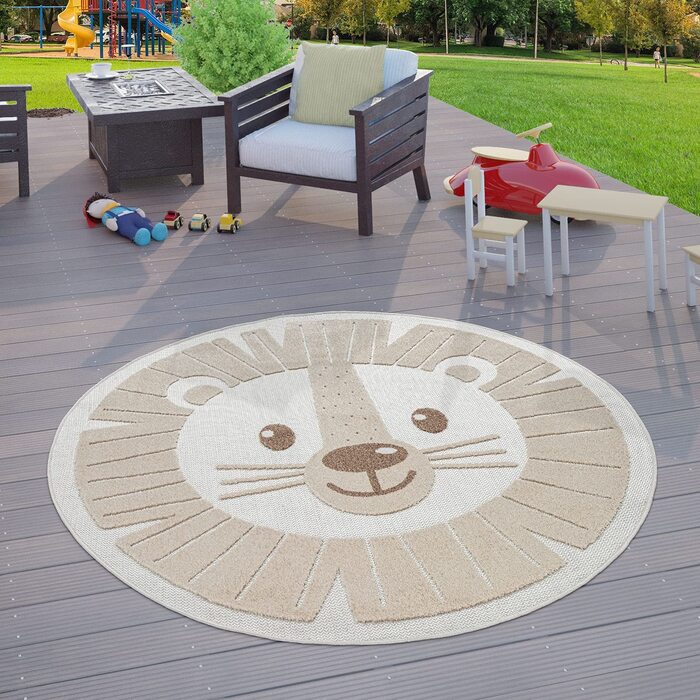 Домашній вуличний килим для дитячої кімнати TT, дитячий круглий ігровий килимок з 3D-зображенням лева бежевого кольору, розмір (діаметр 200 см круглий)