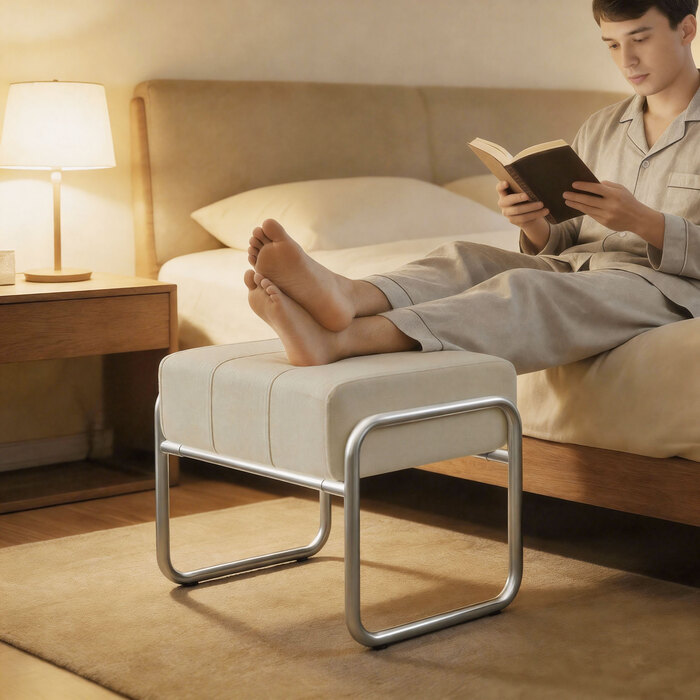 Пуф-табурет з товстим шаром наповнювача, обтягнутий тканиною жакард, з металевими ніжками, ідеально підходить для спальні, бежевого кольору.