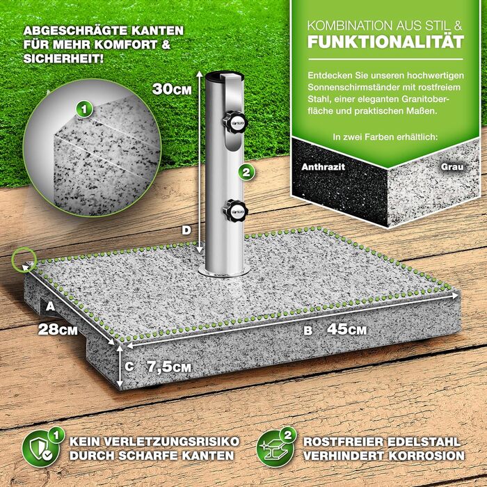 Підставка для парасольки Tillvex® Granit на колесах з ручкою для перенесення, 27 кг | Підставка для парасольки з нержавіючою сталею | Підставка для парасольки на балкон, діаметр 250 см, для стійок 16-48 мм (Прямокутна, сіра)