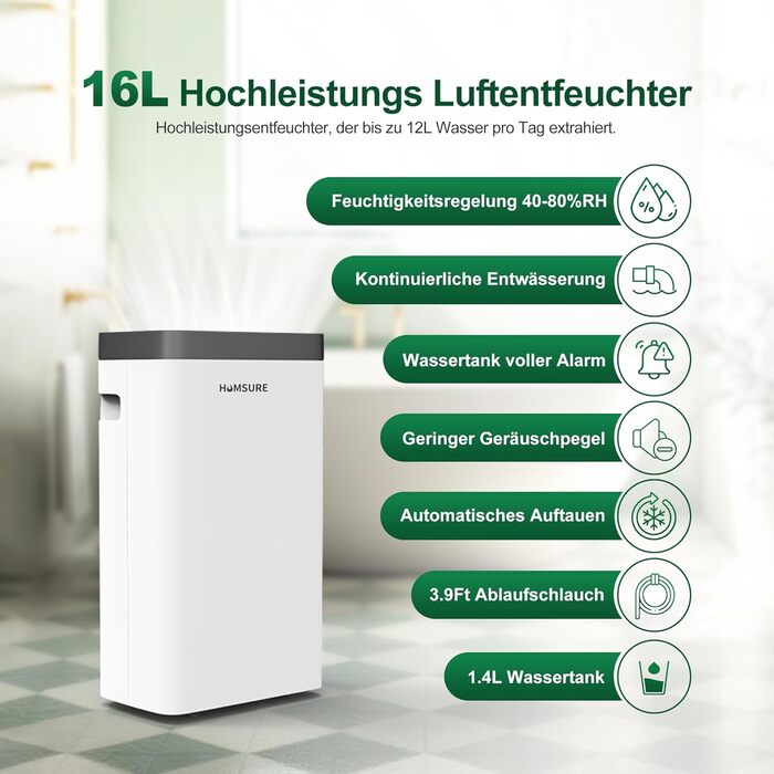Електричний осушувач повітря 16L для підвалу та кімнат до 25 м², 35dB, шланг 1.2м, таймер, 16 л/добу, 20 м²