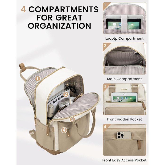 LOVEVOOK Рюкзак для жінок, 15.6 дюймів, рюкзак для ноутбука, рюкзак для подорожей, водонепроникний, сумка для роботи, рюкзак, жіноча шкільна сумка, для підлітків, дівчаток, елегантний, для школи, університету, подорожей, роботи, офісу, Бежевий, 15.6 дюймі