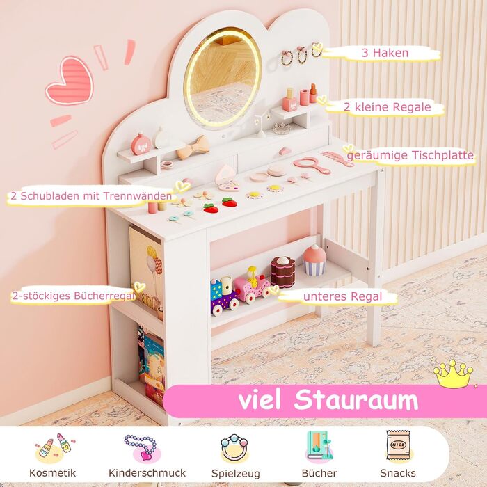 Дитячий туалетний столик COSTWAY у формі ведмедика з підсвіткою, дзеркалом, шафкою та 5 ящиками. Зроблений з дерева, ідеальний для дівчаток від 3 років. Косметичний столик-набір принцеси у формі хмари, білий колір.