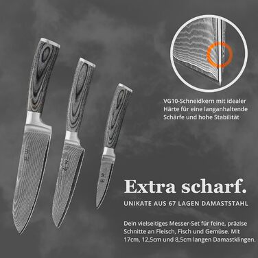 Набір кухонних ножів Wakoli Edis Damast: Сантоку великий та малий, ніж для овочів, універсальний ніж з 67 шарів дамаської сталі (серцевина VG10), ручка з паккавуда, в дерев'яній коробці