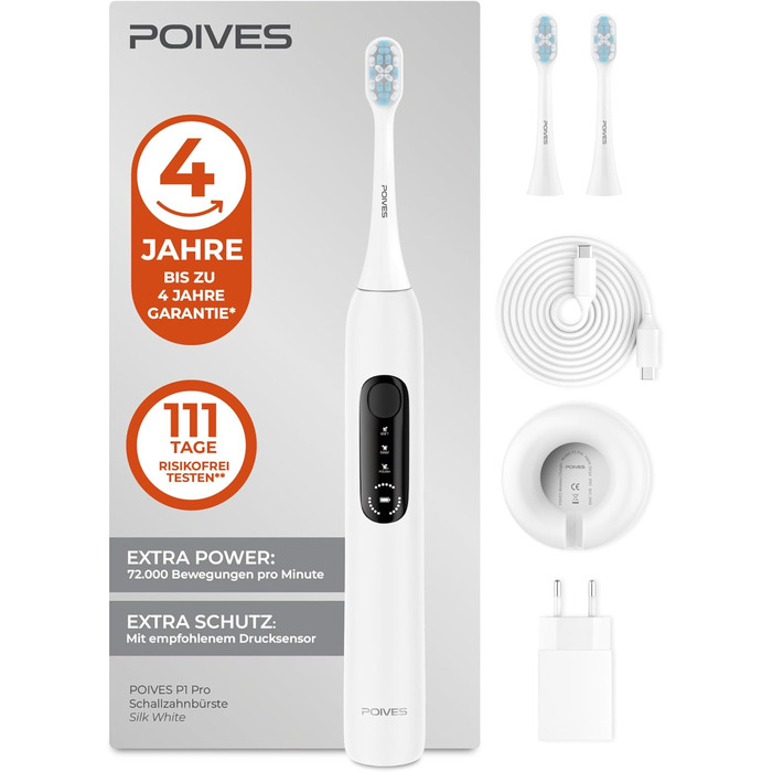 Електрична зубна щітка POIVES P1 Pro з датчиком тиску, 72 000 рухів, гарантія до 4 років, 111 днів без ризику, тривалий час роботи, колір Midnight Blue (P1 Pro Silk White)