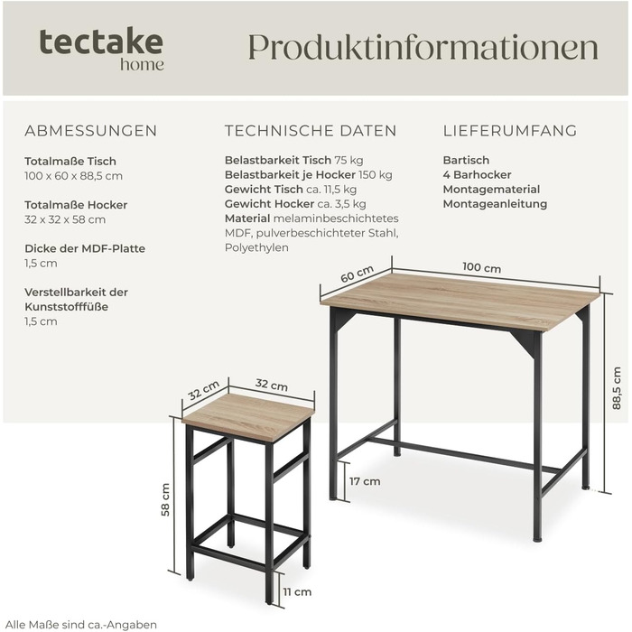 Набір барного столу Tectake® 3-в-1: стіл + 2 барні стільці в індустріальному стилі. Ідеально для кавобару, кухні або вітальні. Матеріал: світле дерево, колір: Еiche Sonoma.