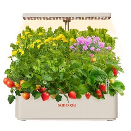 SUNCOZE Гідропонна система вирощування, набір для вирощування трав в приміщенні з LED-освітленням, розумний сад 12 касет, 4л резервуар для води, регульована висота, тиха інтелектуальна помпа, для дому, кухні (Бежевий)