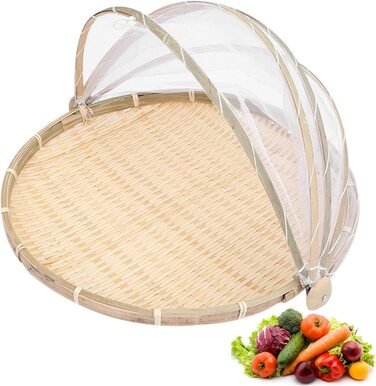 Бамбуковий кошик для пікніка в Північній Кароліні, кришка від мухи, кругла бамбукова кошик для їжі, хліба, фруктів, овочів, 30 см, для випічки, сирного торта